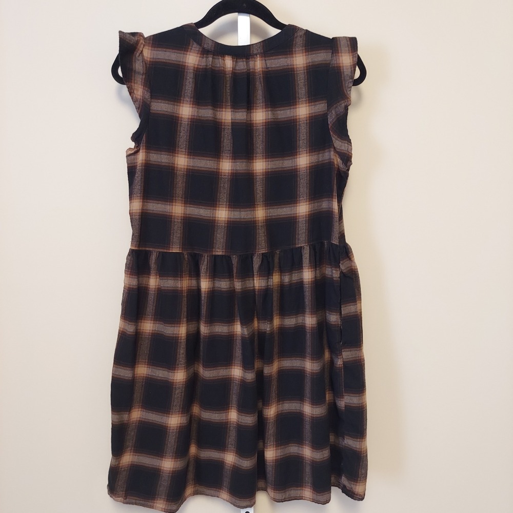 Time Tru Plaid Brown Plaid Dress Flutter Sleeve Babydoll Cottage Evermore Grunge - Picture 3 of 8